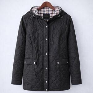 Talbots Women’s Black Quilted Full Zip Snap Hooded Coat Jacket M Medium